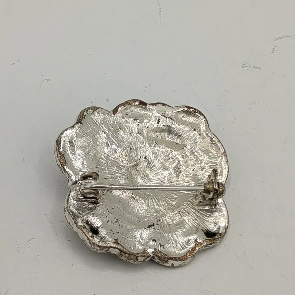 Vintage Cast Pot Metal Orange Enamel Faux Marcasite‎ Layered Rose Flower Brooch